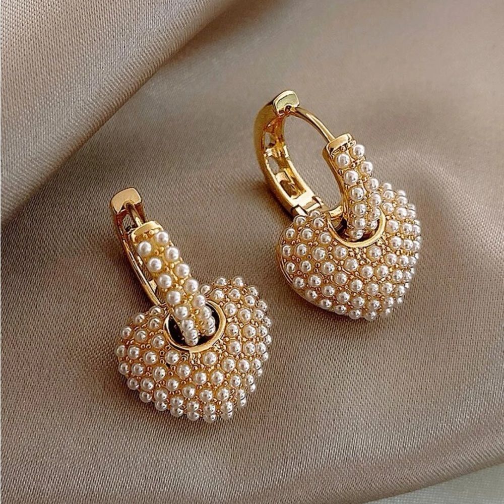14K gold FAUX PEARL HEART EARRINGS